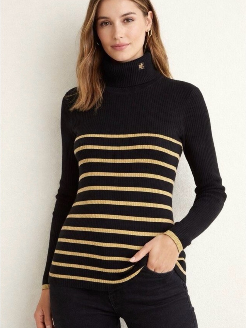 Lauren Ralph Lauren Black and Gold Striped Turtleneck Sweater